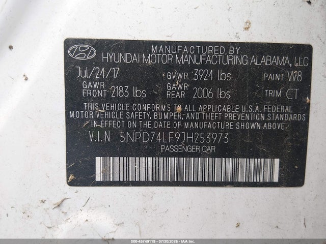 45749119 :رقم المزاد ، 5NPD74LF9JH253973 vin ، 2018 Hyundai Elantra Se مزاد بيع