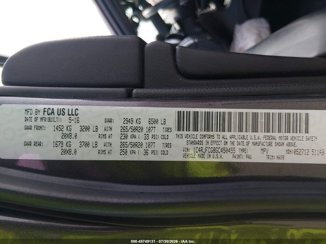 Продаж на аукціоні авто 2016 Jeep Grand Cherokee High Altitude, vin: 1C4RJFCG8GC450455, номер лоту: 45749131