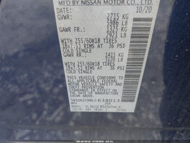 45749140 :رقم المزاد ، 5N1DR2CM8LC638013 vin ، 2020 Nissan Pathfinder Sl 4wd مزاد بيع