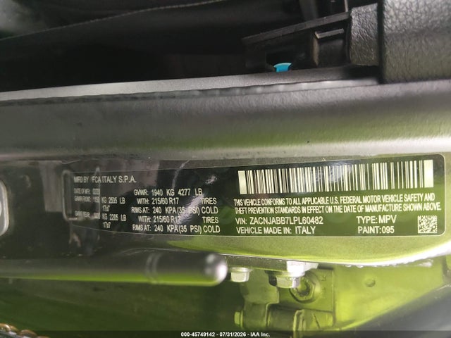 2020 Jeep Renegade Latitude Fwd მანქანა იყიდება აუქციონზე, vin: ZACNJABB7LPL60482, აუქციონის ნომერი: 45749142