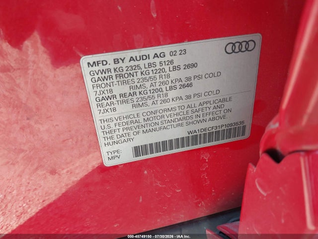 Продажа на аукционе авто 2023 Audi Q3 Premium 45 Tfsi S Line Quattro Tiptronic, vin: WA1DECF31P1093535, номер лота: 45749150