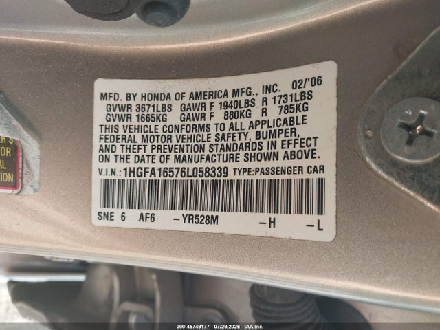2006 Honda Civic Lx მანქანა იყიდება აუქციონზე, vin: 1HGFA16576L058339, აუქციონის ნომერი: 45749177