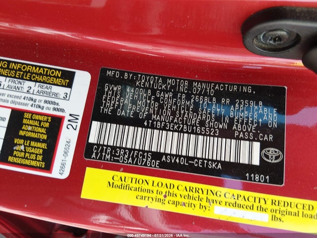 Aukcja sprzedaży 2011 Toyota Camry Se, vin: 4T1BF3EK7BU165523, numer aukcji: 45749194