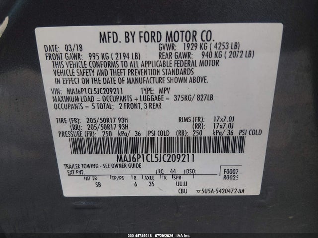 Продаж на аукціоні авто 2018 Ford Ecosport Ses, vin: MAJ6P1CL5JC209211, номер лоту: 45749216