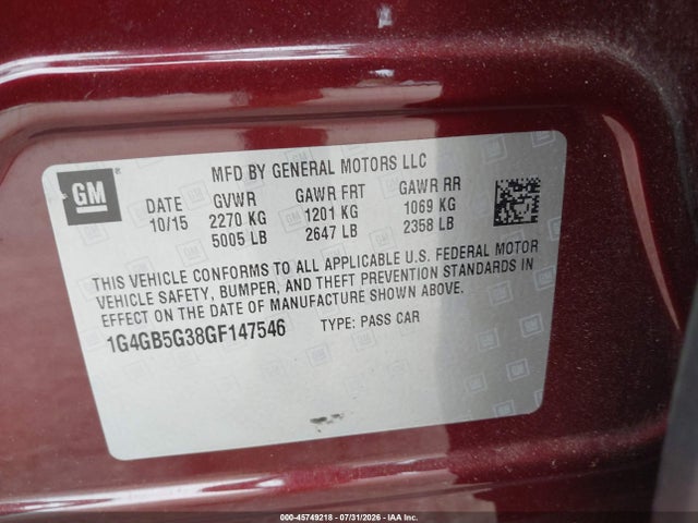 Продаж на аукціоні авто 2016 Buick Lacrosse Leather, vin: 1G4GB5G38GF147546, номер лоту: 45749218