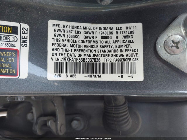2011 Honda Civic Lx მანქანა იყიდება აუქციონზე, vin: 19XFA1F53BE037036, აუქციონის ნომერი: 45749222