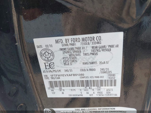2010 Ford F-150 Fx4/harley-davidson/king Ranch/lariat/platinum/xl/xlt მანქანა იყიდება აუქციონზე, vin: 1FTFW1EVXAFB51350, აუქციონის ნომერი: 45749226