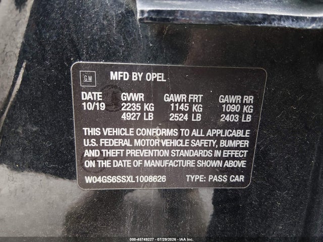 45749227 :رقم المزاد ، W04GS6SSXL1008626 vin ، 2020 Buick Regal Sportback Awd Gs مزاد بيع