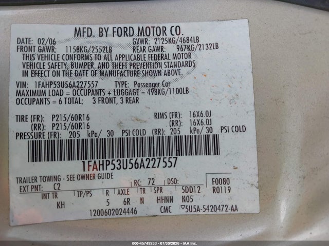 2006 Ford Taurus Se მანქანა იყიდება აუქციონზე, vin: 1FAHP53U56A227557, აუქციონის ნომერი: 45749233