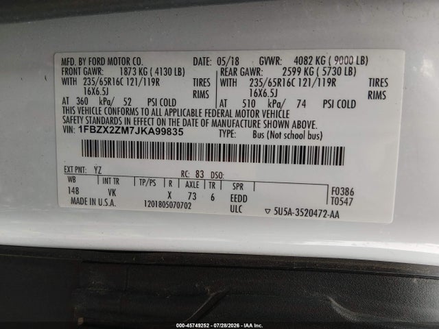 45749252 :رقم المزاد ، 1FBZX2ZM7JKA99835 vin ، 2018 Ford Transit-350 Xl مزاد بيع