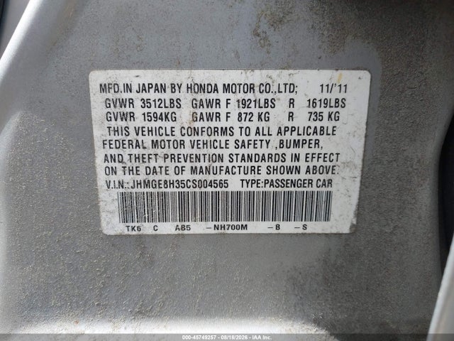 Продажа на аукционе авто 2012 Honda Fit, vin: JHMGE8H35CS004565, номер лота: 45749257