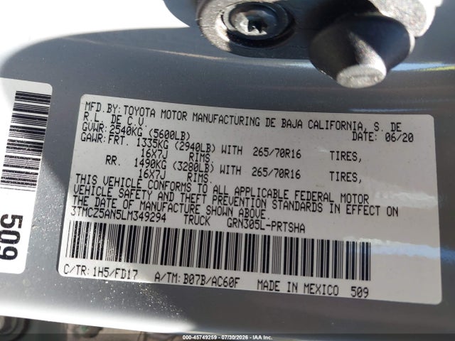 45749259 :رقم المزاد ، 3TMCZ5AN5LM349294 vin ، 2020 Toyota Tacoma Trd Off-road مزاد بيع
