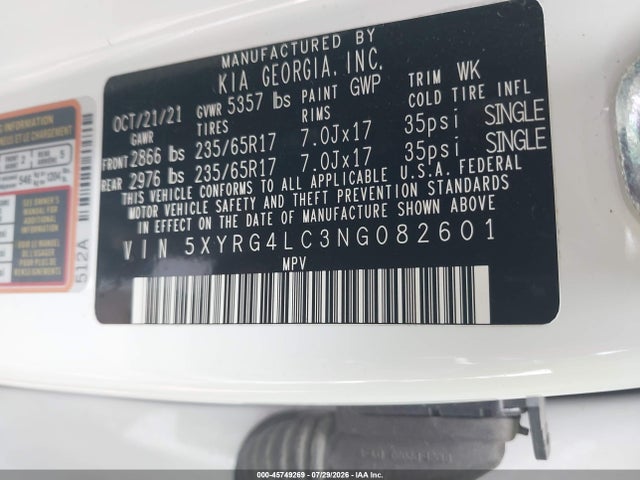 Продажа на аукционе авто 2022 Kia Sorento Lx, vin: 5XYRG4LC3NG082601, номер лота: 45749269