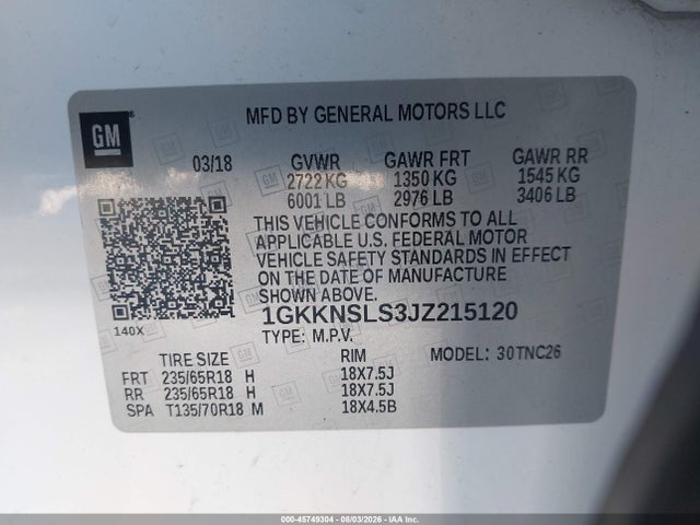 Продаж на аукціоні авто 2018 Gmc Acadia Sle-2, vin: 1GKKNSLS3JZ215120, номер лоту: 45749304