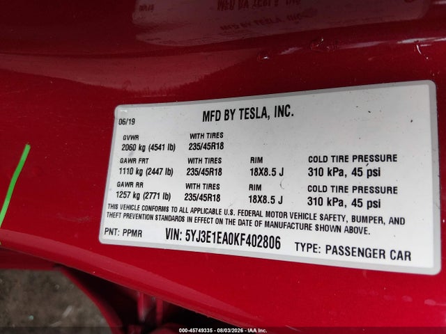 Tesla Model 3 Long Range/mid Range/standard Range/standard Range Plus 2019 5YJ3E1EA0KF402806 Image 9