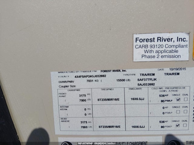 Продаж на аукціоні авто 2016 Forest River Other, vin: 4X4FSAP24GJ032692, номер лоту: 45749349