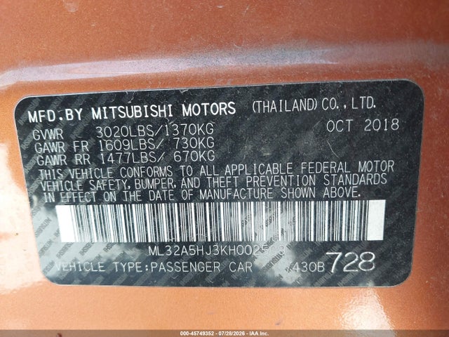 Продажа на аукционе авто 2019 Mitsubishi Mirage Le, vin: ML32A5HJ3KH002509, номер лота: 45749352