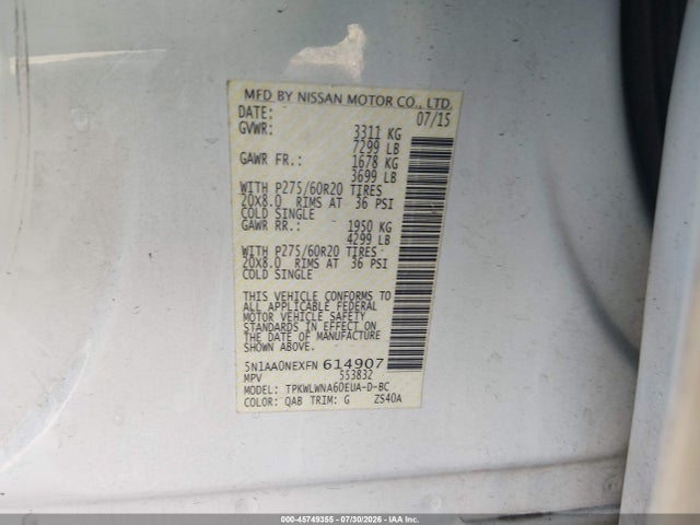 45749355 :رقم المزاد ، 5N1AA0NEXFN614907 vin ، 2015 Nissan Armada Platinum مزاد بيع