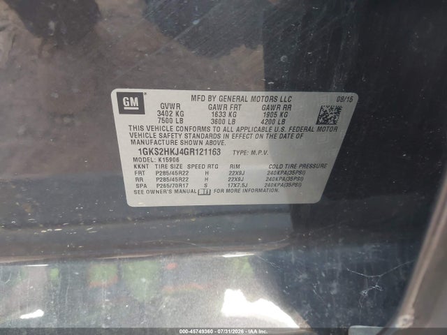 45749360 :رقم المزاد ، 1GKS2HKJ4GR121163 vin ، 2016 Gmc Yukon Xl Denali مزاد بيع