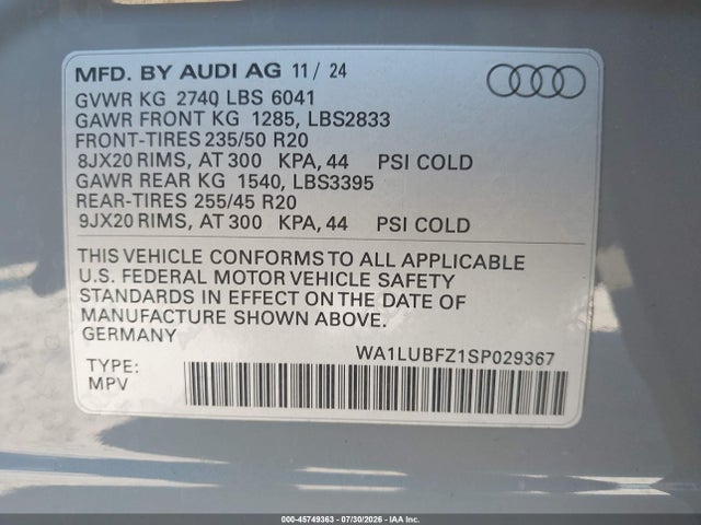 Aukcja sprzedaży 2025 Audi Q4 E-tron Premium Plus 55 Quattro, vin: WA1LUBFZ1SP029367, numer aukcji: 45749363
