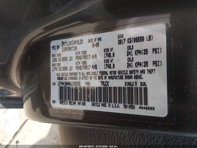 Продажа на аукционе авто 2004 Dodge Ram 1500 Slt/laramie, vin: 1D7HA18N44J129032, номер лота: 45749373