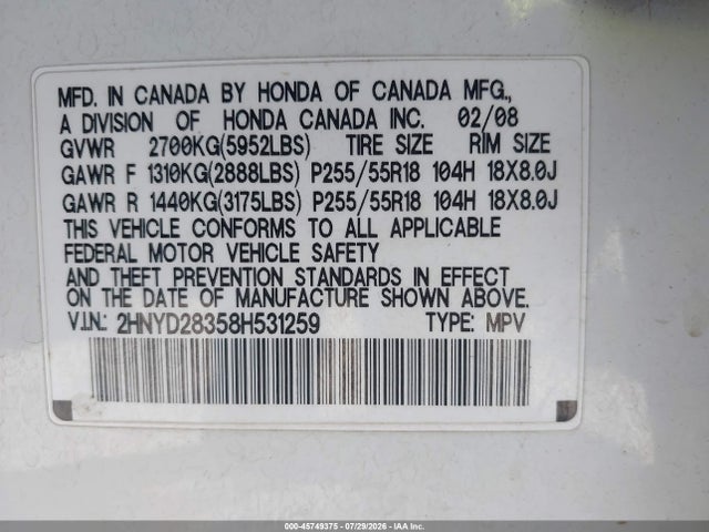 45749375 :رقم المزاد ، 2HNYD28358H531259 vin ، 2008 Acura Mdx Technology Package مزاد بيع