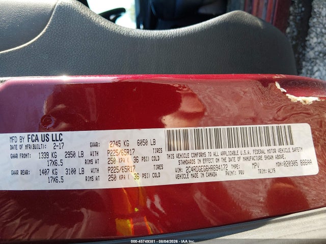 2017 Dodge Grand Caravan Gt მანქანა იყიდება აუქციონზე, vin: 2C4RDGEG6HR694172, აუქციონის ნომერი: 45749381