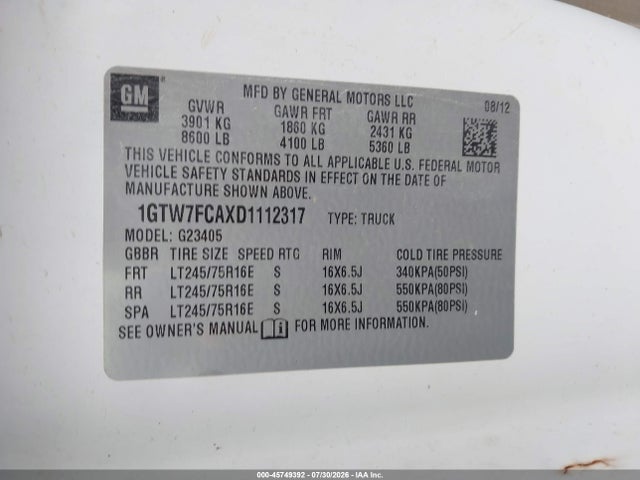Aukcja sprzedaży 2013 Gmc Savana 2500 Work Van, vin: 1GTW7FCAXD1112317, numer aukcji: 45749392