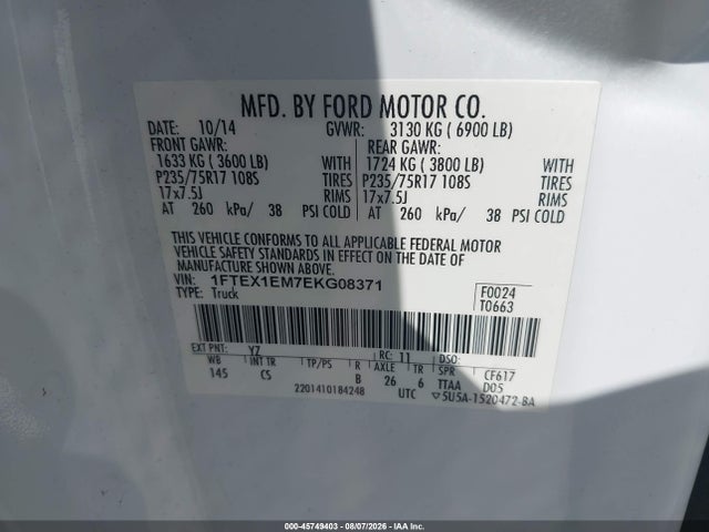 2014 Ford F-150 Stx მანქანა იყიდება აუქციონზე, vin: 1FTEX1EM7EKG08371, აუქციონის ნომერი: 45749403