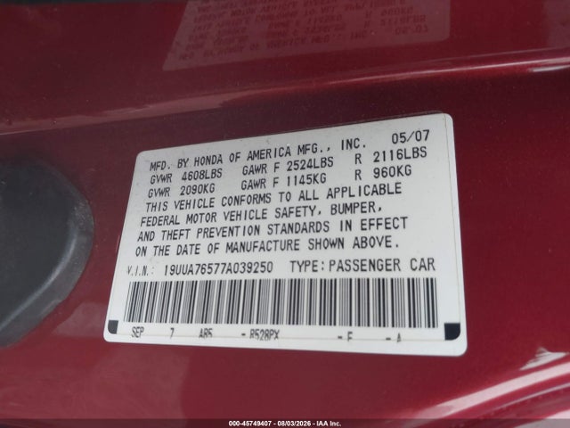 45749407 :رقم المزاد ، 19UUA76577A039250 vin ، 2007 Acura Tl Type S مزاد بيع
