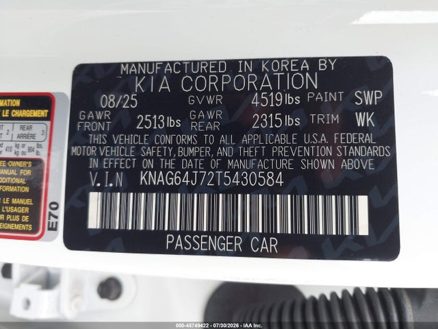 Продаж на аукціоні авто 2026 Kia K5 Gt-line Awd, vin: KNAG64J72T5430584, номер лоту: 45749422