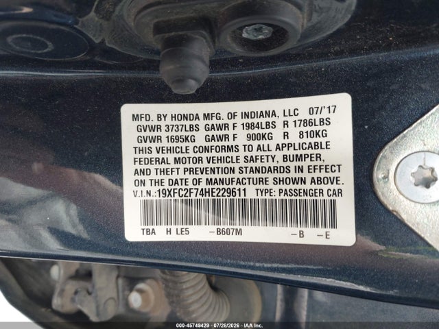 Продаж на аукціоні авто 2017 Honda Civic Ex, vin: 19XFC2F74HE229611, номер лоту: 45749429