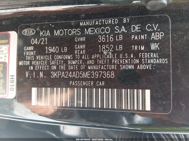 Продаж на аукціоні авто 2021 Kia Rio S, vin: 3KPA24AD5ME397368, номер лоту: 45749430