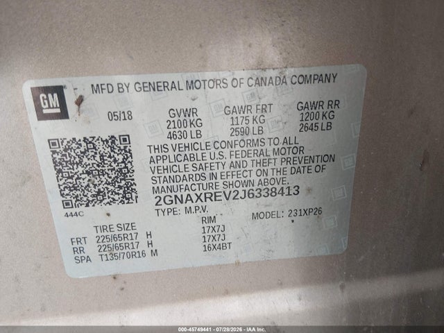 Aukcja sprzedaży 2018 Chevrolet Equinox Ls, vin: 2GNAXREV2J6338413, numer aukcji: 45749441