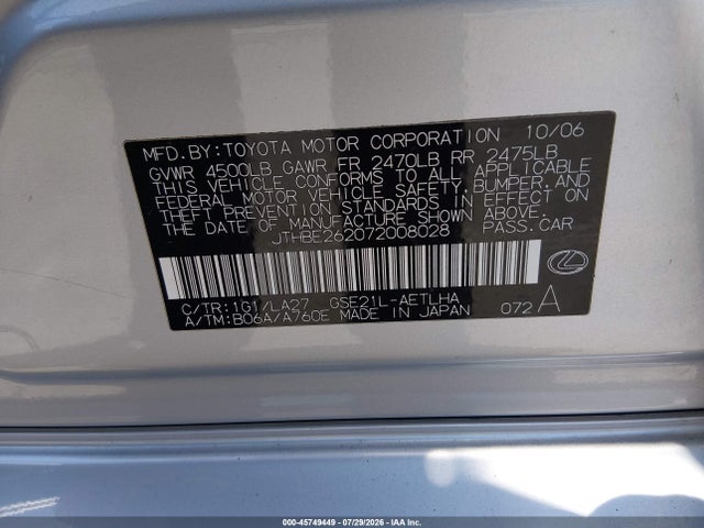45749449 :رقم المزاد ، JTHBE262072008028 vin ، 2007 Lexus Is 350 مزاد بيع