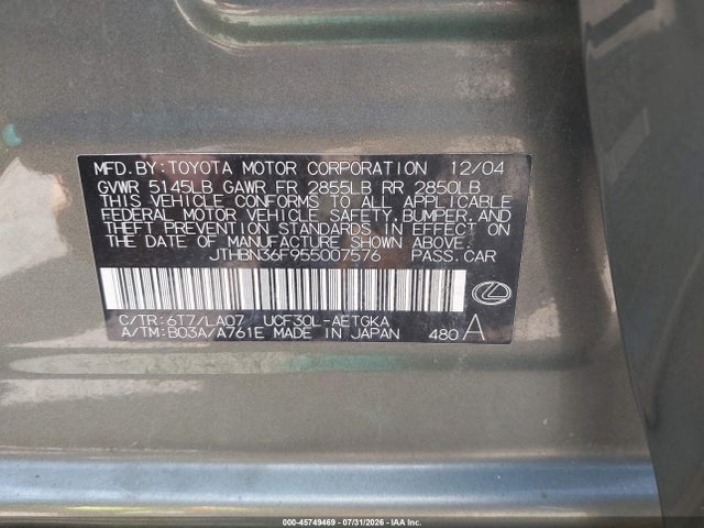 Продаж на аукціоні авто 2005 Lexus Ls 430, vin: JTHBN36F955007576, номер лоту: 45749469