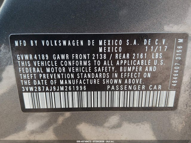 45749473 :رقم المزاد ، 3VW2B7AJ9JM261996 vin ، 2018 Volkswagen Jetta 1.4t S مزاد بيع