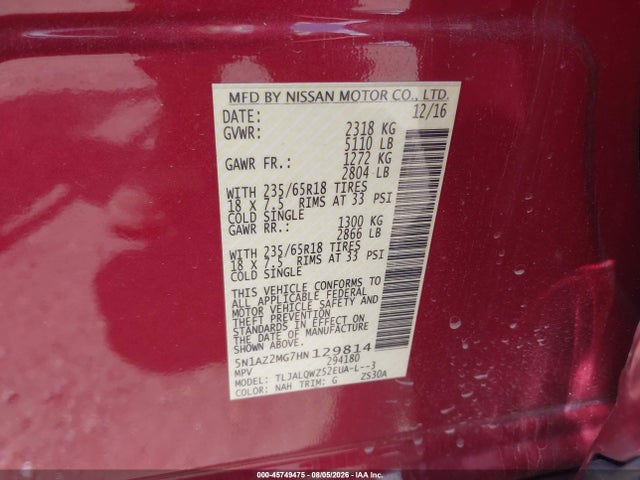 2017 Nissan Murano Sv მანქანა იყიდება აუქციონზე, vin: 5N1AZ2MG7HN129814, აუქციონის ნომერი: 45749475