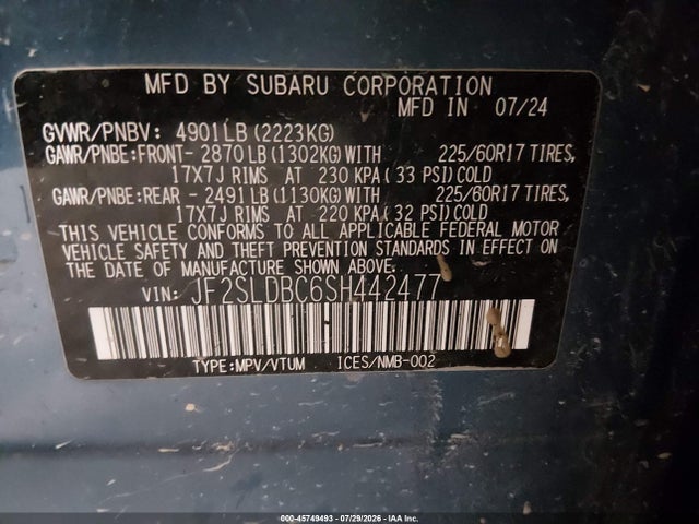 45749493 :رقم المزاد ، JF2SLDBC6SH442477 vin ، 2025 Subaru Forester Premium مزاد بيع