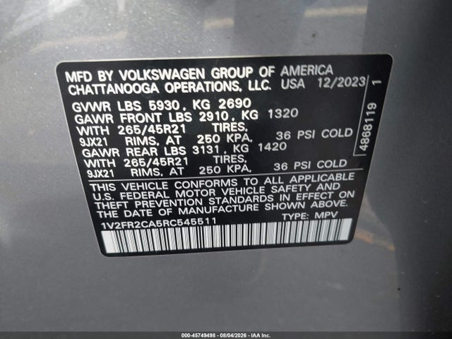 Aukcja sprzedaży 2024 Volkswagen Atlas 2.0t Sel Premium R-line, vin: 1V2FR2CA5RC545511, numer aukcji: 45749498