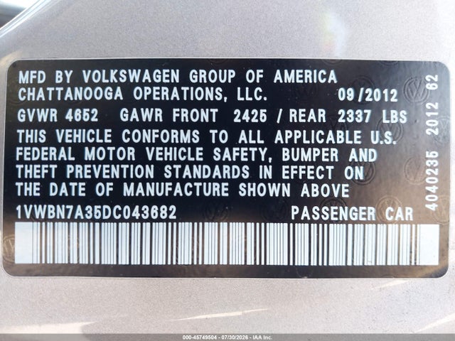 Aukcja sprzedaży 2013 Volkswagen Passat 2.0l Tdi Se, vin: 1VWBN7A35DC043682, numer aukcji: 45749504