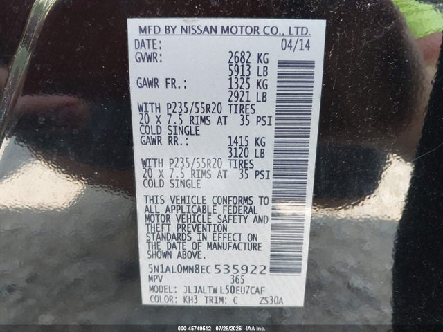 2014 Infiniti Qx60 მანქანა იყიდება აუქციონზე, vin: 5N1AL0MN8EC535922, აუქციონის ნომერი: 45749512