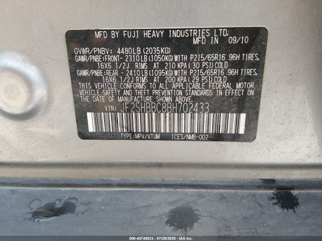 Продаж на аукціоні авто 2011 Subaru Forester 2.5x, vin: JF2SHBBC8BH702433, номер лоту: 45749523