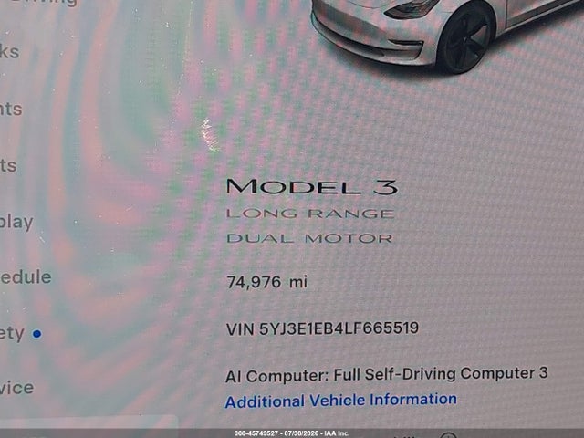5YJ3E1EB4LF665519 Tesla Model 3 Long Range Dual Motor All-wheel Drive
