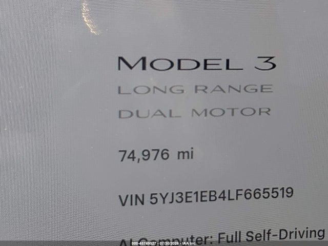 5YJ3E1EB4LF665519 Tesla Model 3 Long Range Dual Motor All-wheel Drive