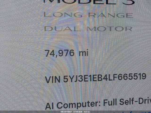 5YJ3E1EB4LF665519 Tesla Model 3 Long Range Dual Motor All-wheel Drive