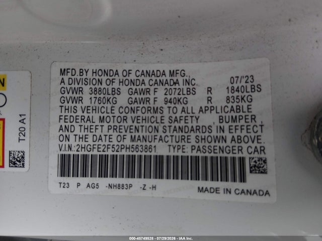2023 Honda Civic Sport მანქანა იყიდება აუქციონზე, vin: 2HGFE2F52PH563861, აუქციონის ნომერი: 45749528