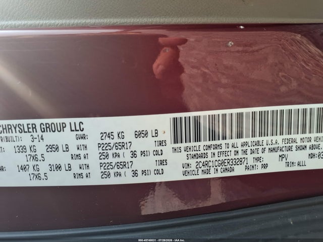 Aukcja sprzedaży 2014 Chrysler Town & Country Touring-l, vin: 2C4RC1CG0ER332871, numer aukcji: 45749531
