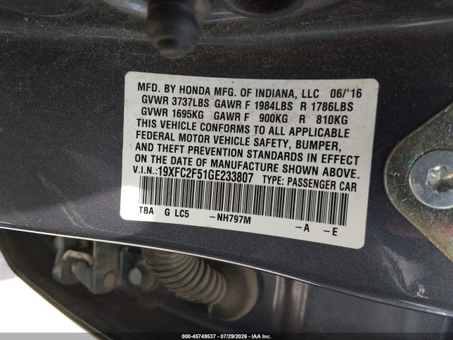 Honda Civic Lx 2016 19XFC2F51GE233807 Image 9
