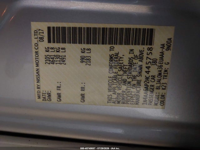 45749557 :رقم المزاد ، 1N4AA6AP2HC445758 vin ، 2017 Nissan Maxima 3.5 S مزاد بيع